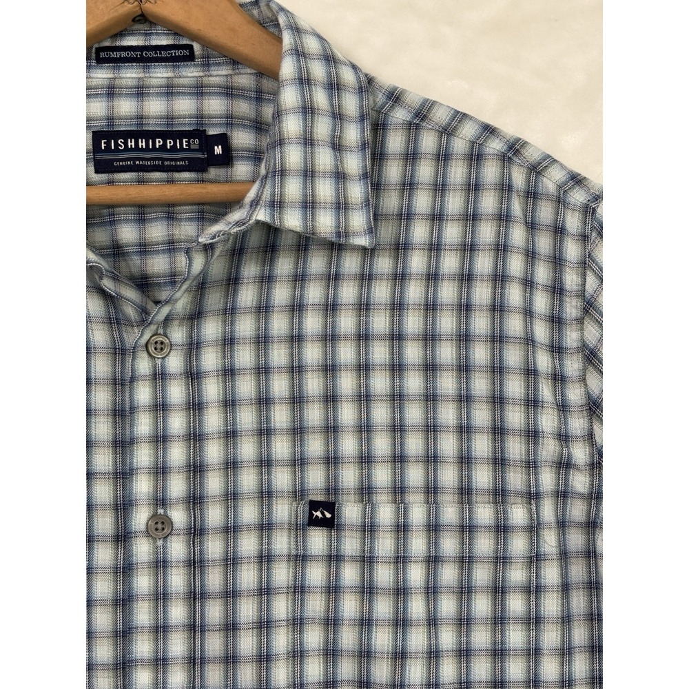 Fish Hippie Rumfront Collection Men's M Blue Plaid Cotton Hemp Short Sleeve 0704